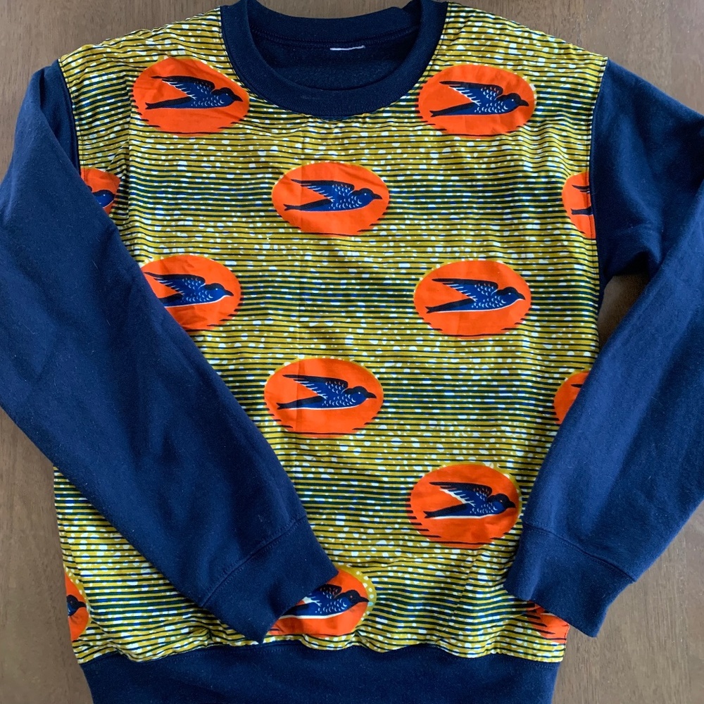 African Waxprint Sweater| Color: Blue with Bird Pattern | Size: M
